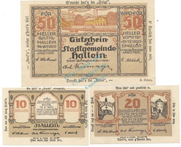 Hallein , Notgeld Set 3 Scheine unc-kfr. K-K.344.II.j , 1920 Salzburg -0548-