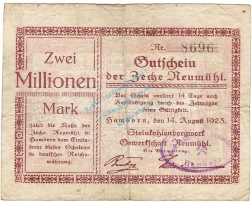 Hamborn , Banknote 2 Millionen Mark Schein gbr. Ke.2107 , RHL 1923 Inflation -3697-