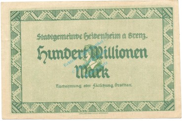 Preview: Heidenheim , Banknote 100 Millionen  L-gbr. Ke.2283.f , WÜR 1923 Inflation -3659-