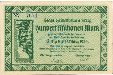 Heidenheim , Banknote 100 Millionen  L-gbr. Ke.2283.f , WÜR 1923 Inflation -3659-