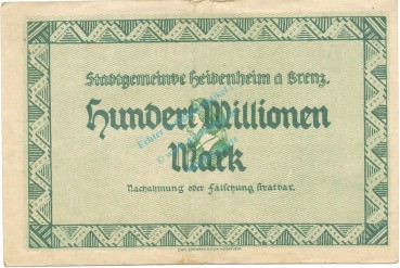 Preview: Heidenheim , Banknote 100 Millionen Mark gbr. Ke.2283.f , WÜR 1923 Inflation -3660-