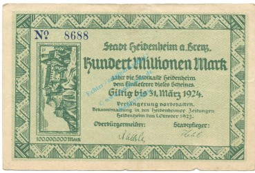 Heidenheim , Banknote 100 Millionen Mark gbr. Ke.2283.f , WÜR 1923 Inflation -3660-