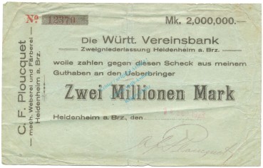 Heidenheim , Banknote 2 Millionen Mark gbr-. Ke.2287... WÜR 1923 Inflation -3650-