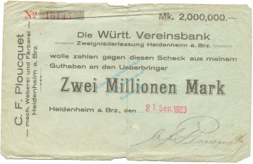 Heidenheim , Banknote 2 Millionen Mark gbr-. Ke.2287... WÜR 1923 Inflation -3651-