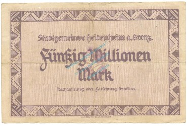 Preview: Heidenheim , Banknote 50 Millionen Mark gbr. Ke.2283.f , WÜR 1923 Inflation -3661-