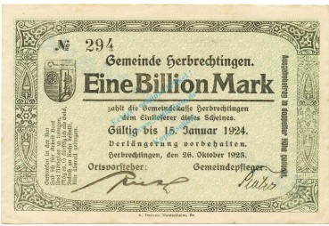 Herbrechtingen , Banknote 1 Billion Mark f-kfr. Ke.2325.d , WÜR 1923 Inflation -3646-