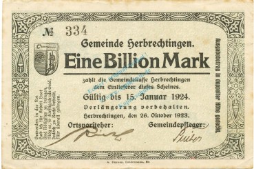 Herbrechtingen , Banknote 1 Billion Mark gbr. Ke.2325.d , WÜR 1923 Inflation -3647-