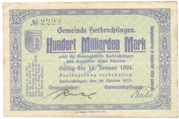 Herbrechtingen , Banknote 100 Millionen Mark gbr. Ke.2325.c , WÜR 1923 Inflation -3662-