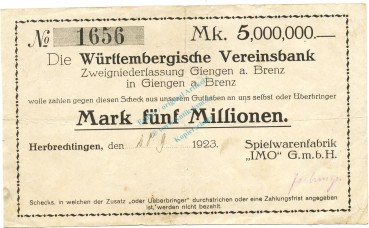Herbrechtingen , Banknote 5 Millionen Mark gbr. Ke.2325.... WÜR 1923 Inflation -3648-