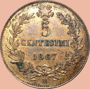 Preview: Italien , 5 Centesimi Münze 1867.M -Vittorio Emanuele II- KM.3.2 ss-vz -0345-