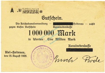 Kiel Holtenau , Banknote 1 Million Mark Schein f-kfr. Ke.2640 , SH 1923 Inflation -3653-