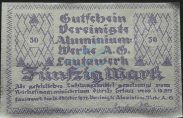 Lautawerk , Banknote 50 Mark -Alu- unc-kfr. Mü.2590.2 , BBG 1922 Großnotgeld -3622-