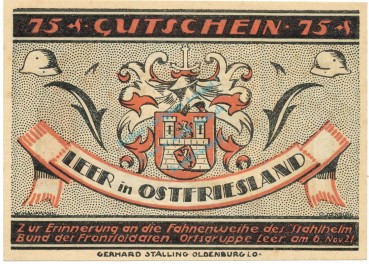 Preview: Leer , Notgeld 75 Pfennig Schein -1- unc-kfr. M-G.781.1 NDS 1921 Seriennotgeld -1716-