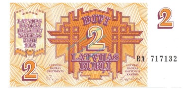 Lettland Banknote 2 Rubli Schein unc-kfr. 1992 -Latvijas Republika- WPM.36 -0388-