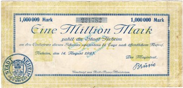 Neheim , Banknote 1 Million Mark Schein gbr. Keller.3742 , NRW 1923 Inflation -3686-