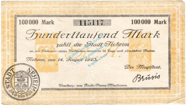 Neheim , Banknote 100.000 Mark Schein gbr. Keller.3742 , NRW 1923 Inflation -3685-