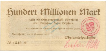 Neresheim , Banknote 100 Millionen Mark Schein L-gbr. Ke.3758.b , WÜR 1923 Inflation -3678-
