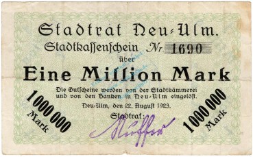 Neu Ulm , Banknote 1 Million Mark -o.Drfa- gbr-. Ke.3898.b , BAY 1923 Inflation -3699-
