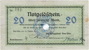 Neu Ulm , Banknote 20 Mark Schein entw. Ge.383.03 , BAY 1918 Grossnotgeld -3707-