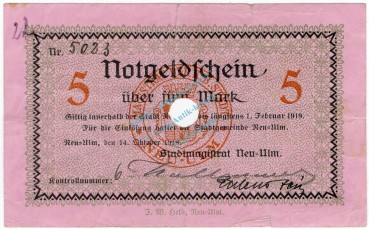 Neu Ulm , Banknote 5 Mark Schein entw. Ge.383.01 , BAY 1918 Grossnotgeld -3706-
