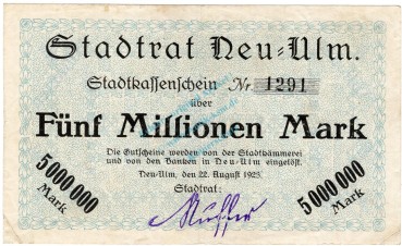 Neu Ulm , Banknote 5 Millionen Mark -o.Drfa- gbr. Ke.3898.b , BAY 1923 Inflation -3700-