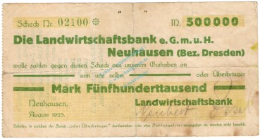 Neuhausen , Banknote 500.000 Mark Scheck gbr-. Ke.3799 , S 1923 Inflation -3705-