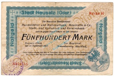 Neusalz , Banknote 500 Mark Schein gbr-. Mü.3265 , SLN 1922 Inflation -3695-