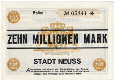 Neuss , Banknote 10 Millionen Mark Schein unc-kfr. Ke.3840.N , RHL 1923 Inflation -3710-