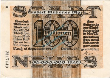 Neuss , Banknote 100 Millionen Mark Schein unc-kfr. Ke.3840.L , RHL 1923 Inflation -3711-