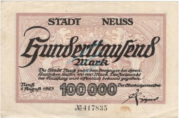 Neuss , Banknote 100.000 Mark Schein L.gbr. Ke.3840.b , RHL 1923 Inflation -3708-