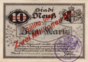 Neuss , Banknote 2 Millionen -Überdruck- gbr. Ge.377.W3 , RHL o.D. Inflation -3709-