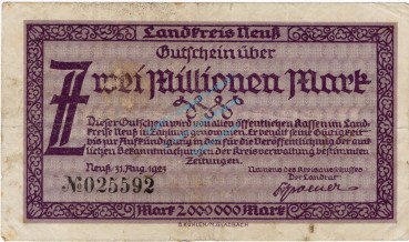 Neuss , Banknote 2 Millionen Mark Schein gbr. Ke.3850.e , RHL 1923 Inflation -3712-