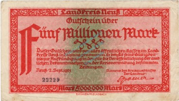 Neuss , Banknote 5 Millionen Mark Schein gbr. Ke.3850.g , RHL 1923 Inflation -3713-