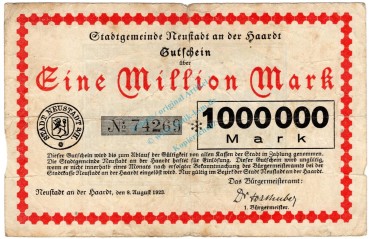 Neustadt , Banknote 1 Million Mark Schein gbr-. Ke.3858.a , PFA 1923 Inflation -3694-
