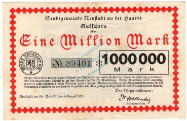 Neustadt , Banknote 1 Million Mark Schein gbr. Ke.3858.a , PFA 1923 Inflation -3691-