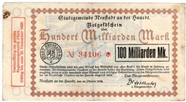 Neustadt , Banknote 100 Milliarden Mark Schein gbr. Ke.3858.b , PFA 1923 Inflation -3692-