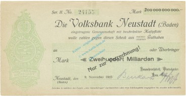 Neustadt , Banknote 200 Milliarden Mark Scheck gbr. Ke.3885.e , BAD 1923 Inflation -3682-