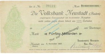 Neustadt , Banknote 50 Milliarden Mark Scheck gbr. Ke.3885.e , BAD 1923 Inflation -3681-