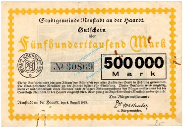 Neustadt , Banknote 500.000 Mark Schein gbr. Ke.3858.a , PFA 1923 Inflation -3693-