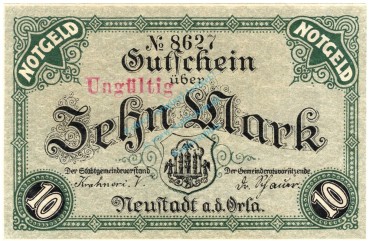 Neustadt Orla , Banknote 10 Mark Schein , Geiger 379.02 , TH 1918 Grossnotgeld -3688-