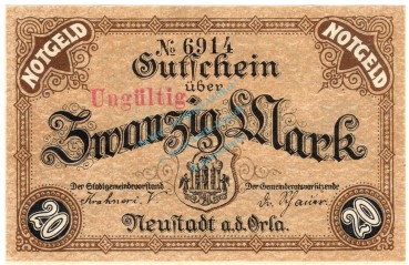 Neustadt Orla , Banknote 20 Mark Schein , Geiger 379.03 , TH 1918 Grossnotgeld -3689-