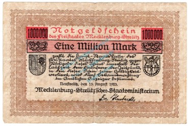 Neustrelitz , Banknote 1 Million Mark Schein gbr. Ke.3492.a , MV 1923 Inflation -3690-