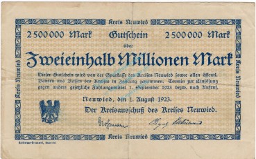 Neuwied , Banknote 2,5 Millionen Mark Schein gbr. Ke.3903.u , RHL 1923 Inflation -3719-