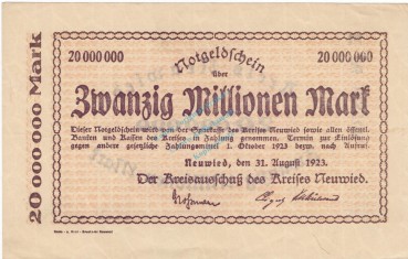 Neuwied , Banknote 20 Millionen Mark Schein unc-kfr-. Ke.3903... RHL 1923 Inflation -3721-