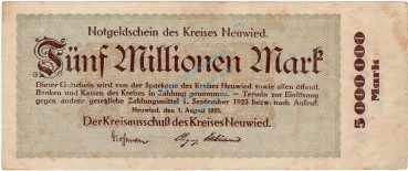 Neuwied , Banknote 5 Millionen Mark Schein gbr. Ke.3903.g , RHL 1923 Inflation -3718-