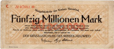 Neuwied , Banknote 50 Millionen Mark Schein gbr-. Ke.3903.z , RHL 1923 Inflation -3720-