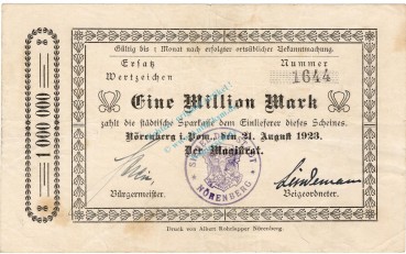 Nörenberg , Banknote 1 Million Mark Schein gbr. Ke.3944 , POM 1923 Inflation -3698-