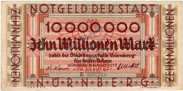 Nürnberg , Banknote 10 Millionen Mark Schein gbr. Ke.3970.d , BAY 1923 Inflation -3716-