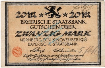 Nürnberg , Banknote 20 Mark Schein gbr-. Gei.033.06 , BAY 1918 Grossnotgeld -3717-