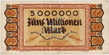 Nürnberg , Banknote 5 Millionen Mark Schein gbr. Ke.3970.d , BAY 1923 Inflation -3715-